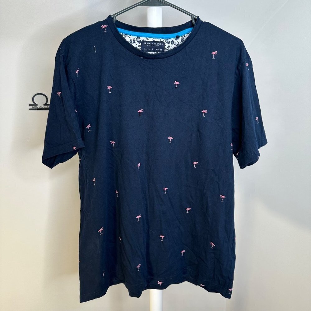 Denim & Flower‎ Navy Blue Flamingo Print Tee L
